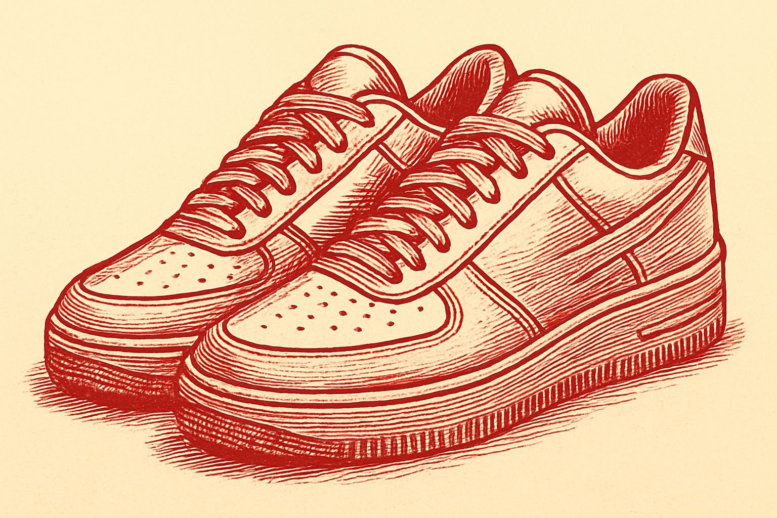 Intricate Red Line Drawing of Athletic Sneakers T-Shirt