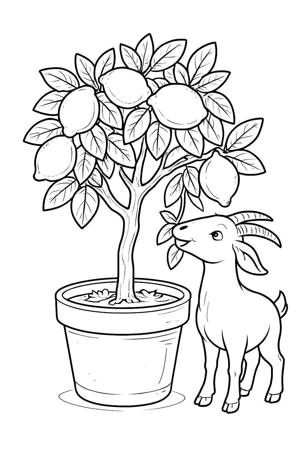 Cheerful Cartoon Goat with Lemon Tree Coloring Page