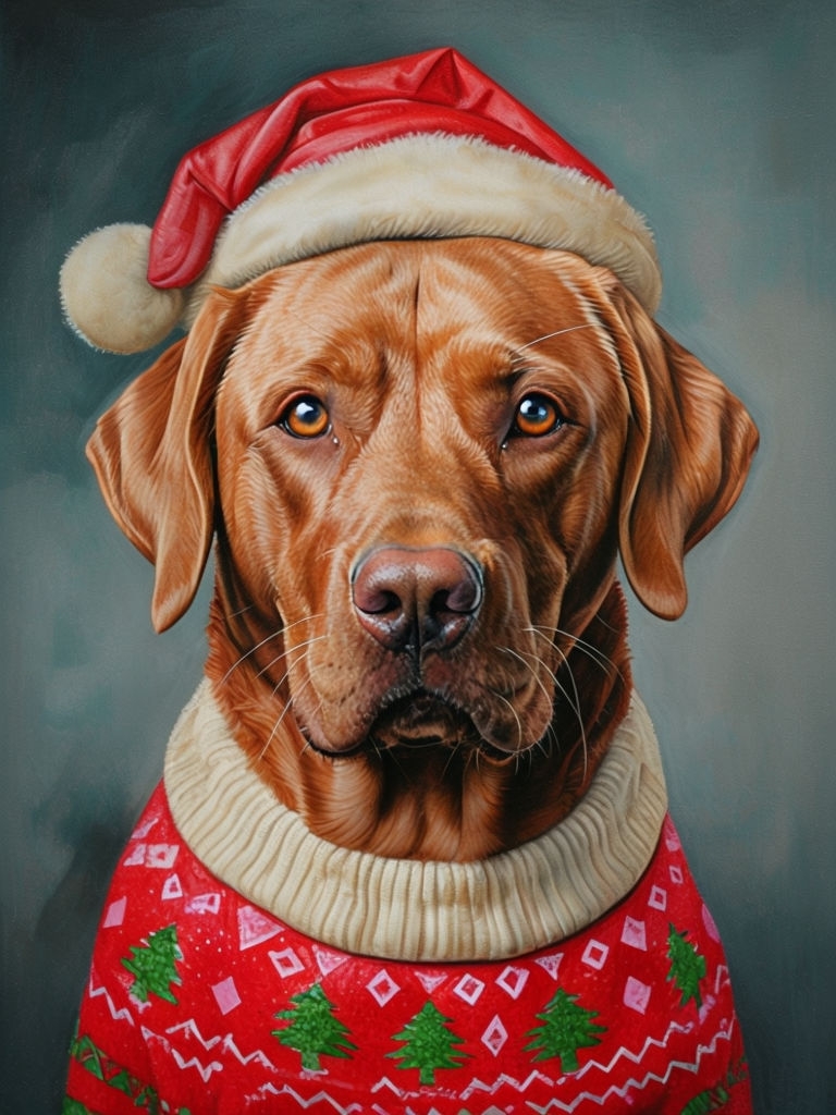 Festive Red Labrador Retriever Portrait in Christmas Sweater Art