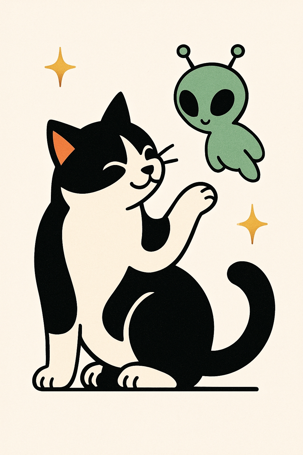 Whimsical Tuxedo Cat and Alien Interaction Cartoon Poster
