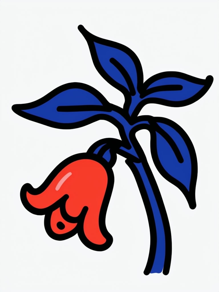 Playful Cartoon Flower Illustration with Blue Stem and Red Petals Sticker