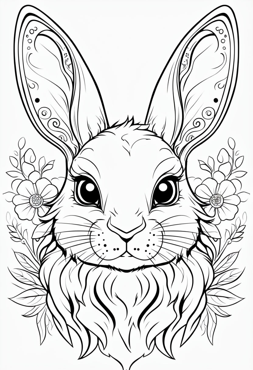 Intricate Black and White Rabbit Head Coloring Page Design