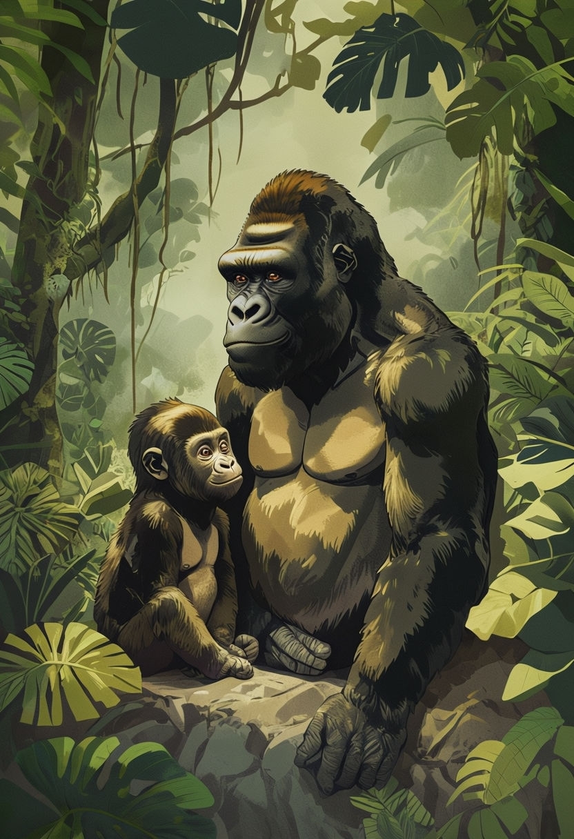 Serene Adult and Young Gorilla Bonding in Lush Jungle Artwork