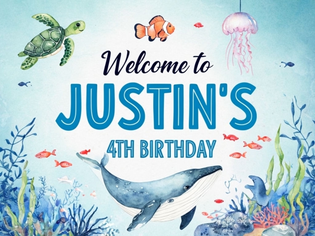 Underwater Themed Birthday Sign for Justin's 4th Birthday Celebration Event Sign