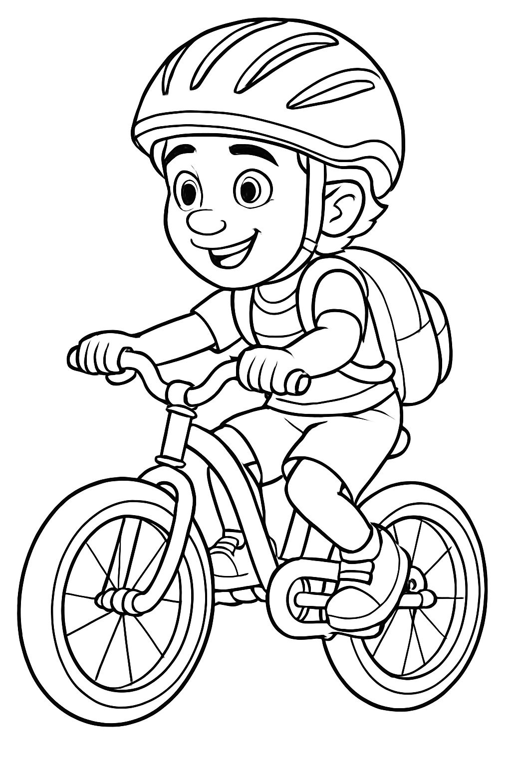 Cheerful Cartoon Boy Riding Bicycle Line Art Coloring Page