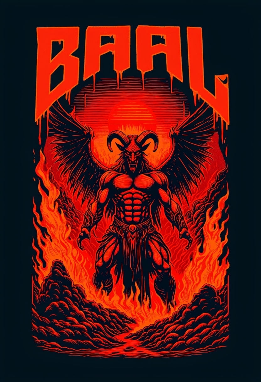 Dramatic Vintage Baal Demon Illustration with Fiery Background Poster