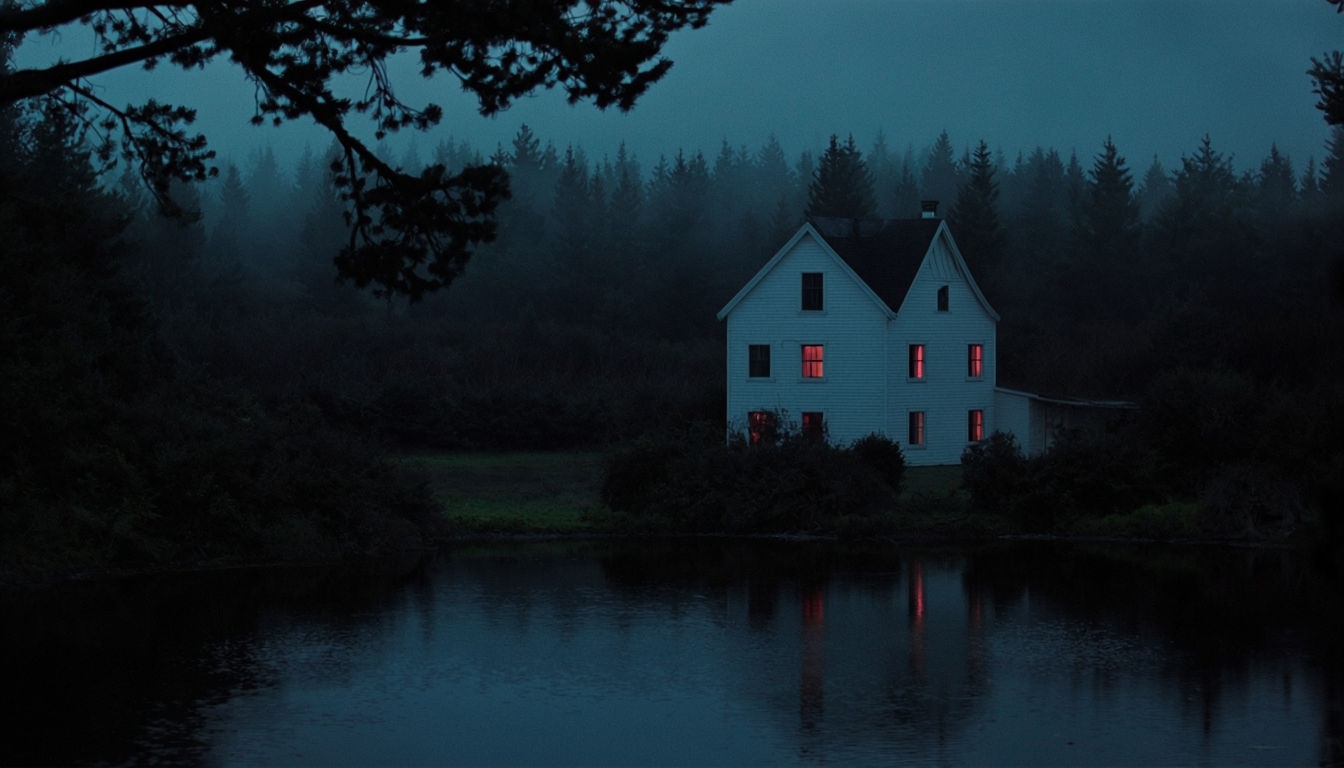 Eerie Rural Dawn Scene with Illuminated House and Lake Background