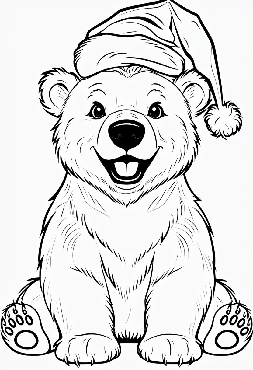 Cheerful Cartoon Polar Bear with Santa Hat Line Art Coloring Book Pages