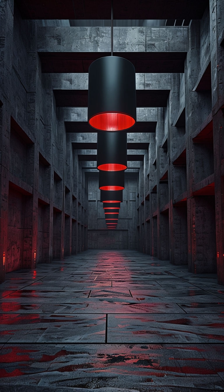 Futuristic Industrial Corridor with Red Pendant Lights Mobile Wallpaper