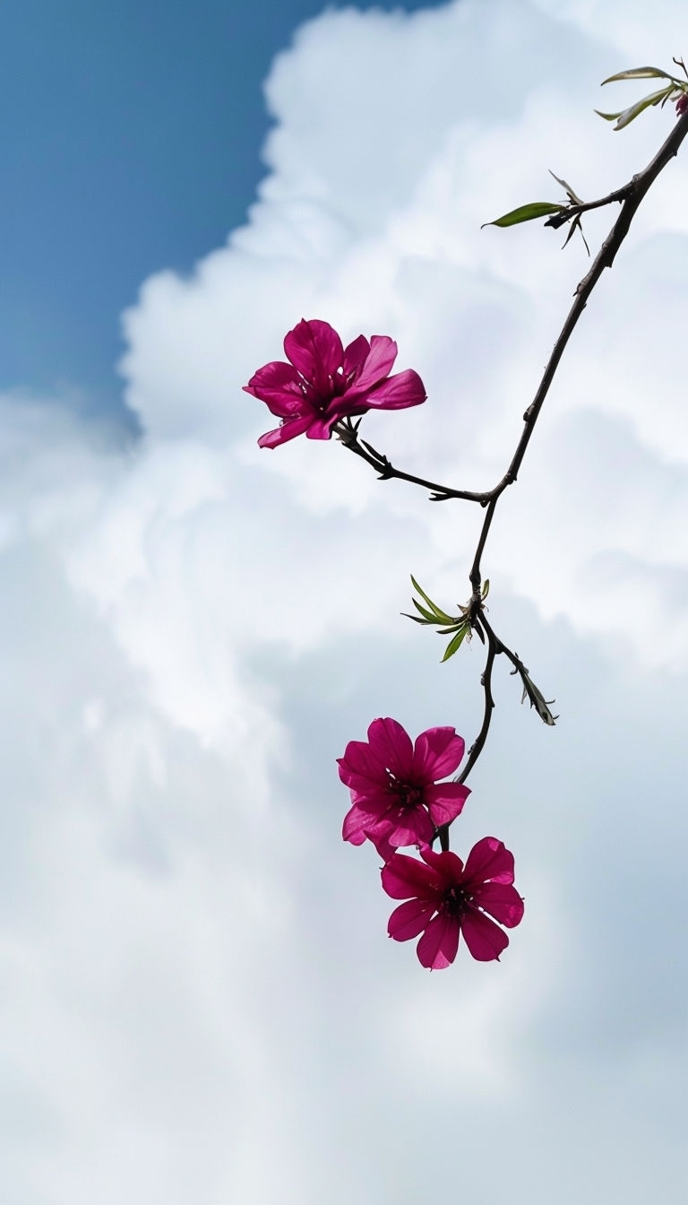 Minimalist Magenta Flowers on Branch Against Blue Sky Mobile Wallpaper