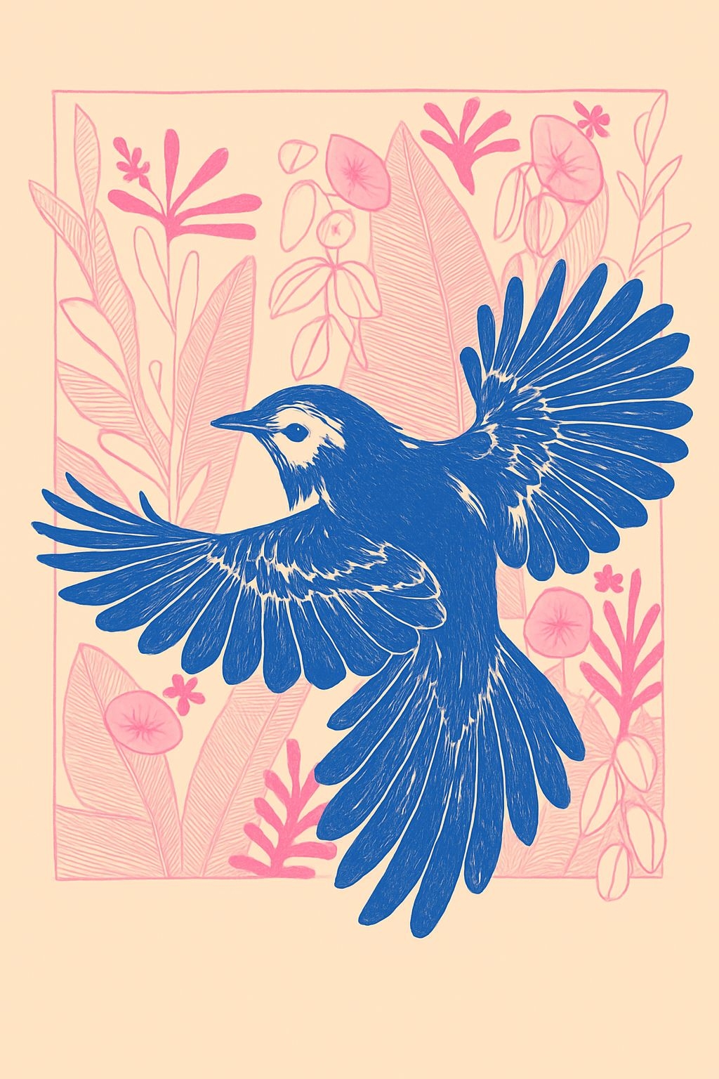 Navy Blue Bird in Flight with Floral Accents T-Shirt