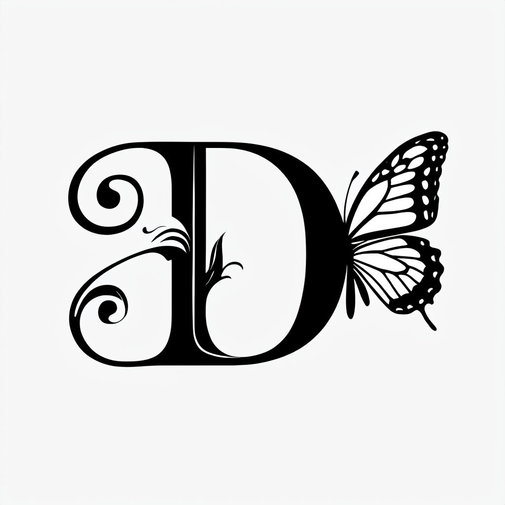 Elegant Black Serif D with Butterfly Monogram Design