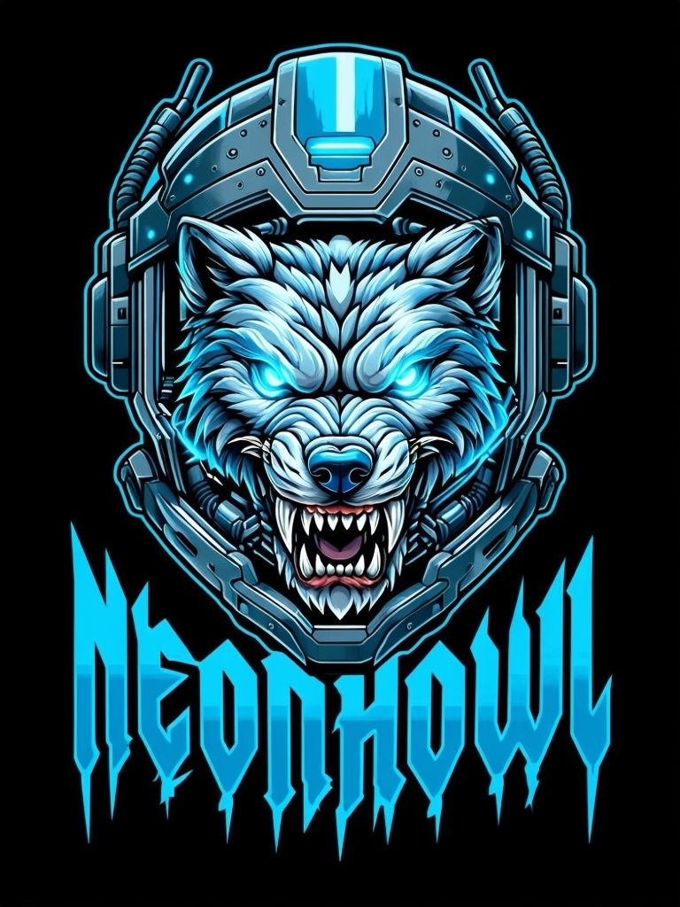 Fierce Cybernetic Wolf with Neonhowl Typography T-Shirt