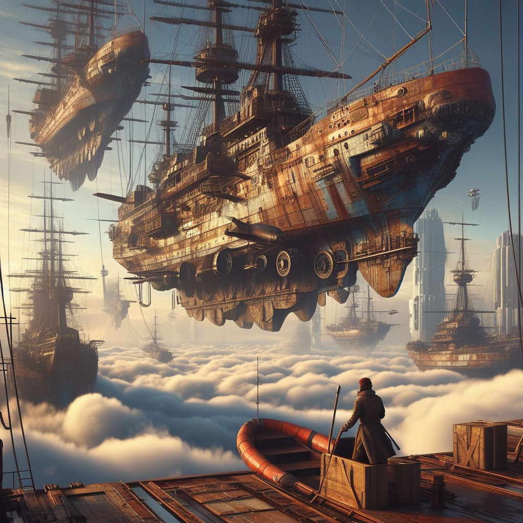 Ian McQue style - flying ships entering an air harbor hangin... by ...