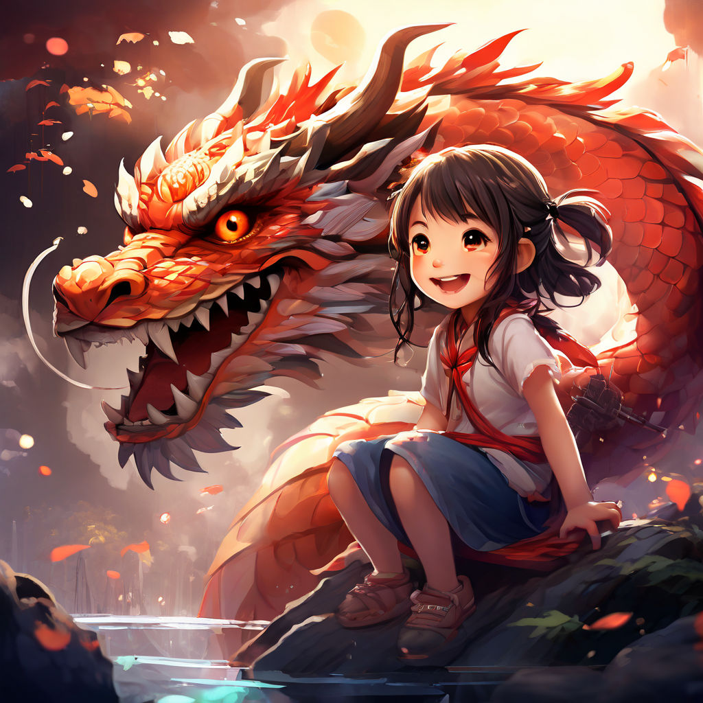 cute dragon， japanese anime style， dragon slaying girl