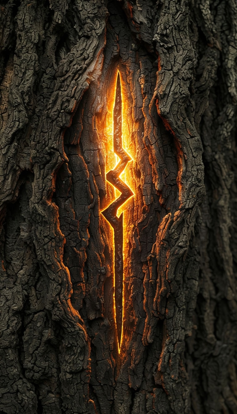 Ancient Glowing Rune on Dark Cracked Tree Bark Mobile Wallpaper