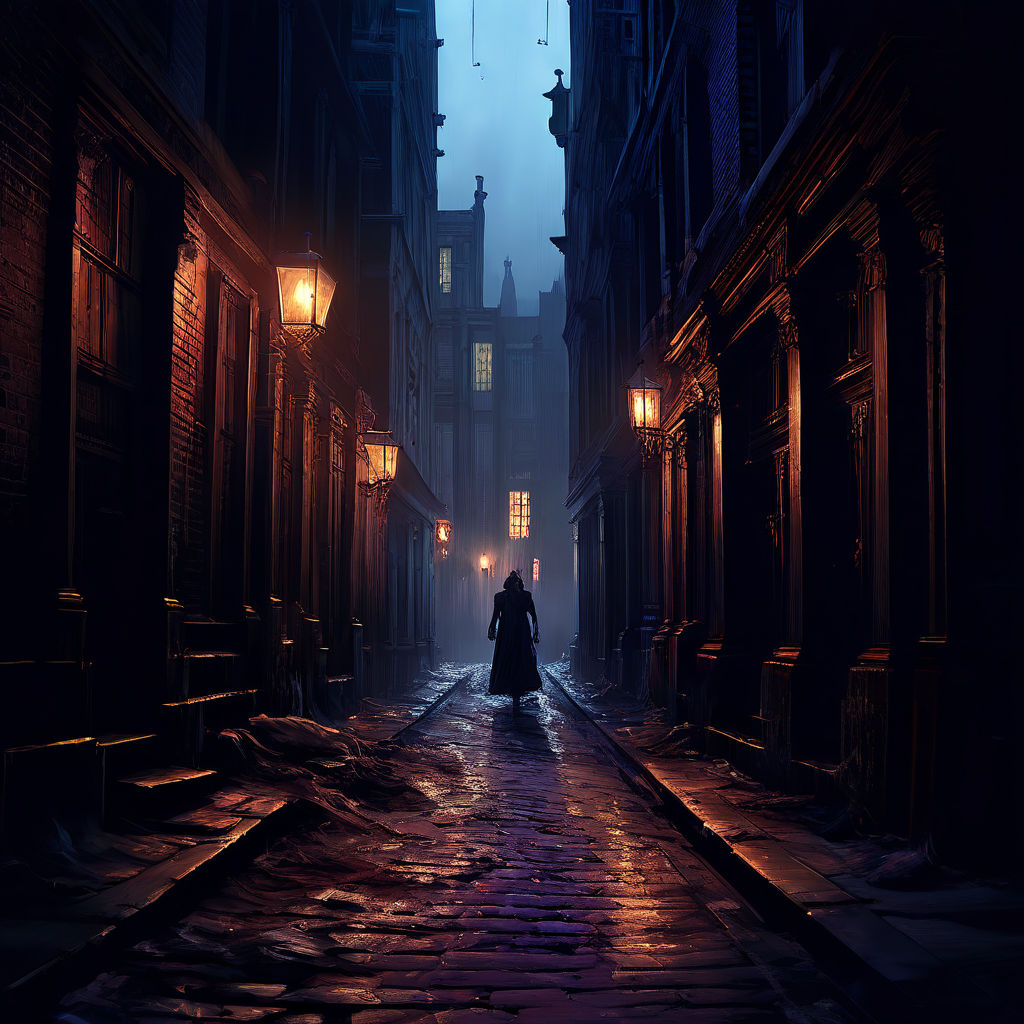 Dimly lit victorian london alleyway with a dead woman by Samara ...