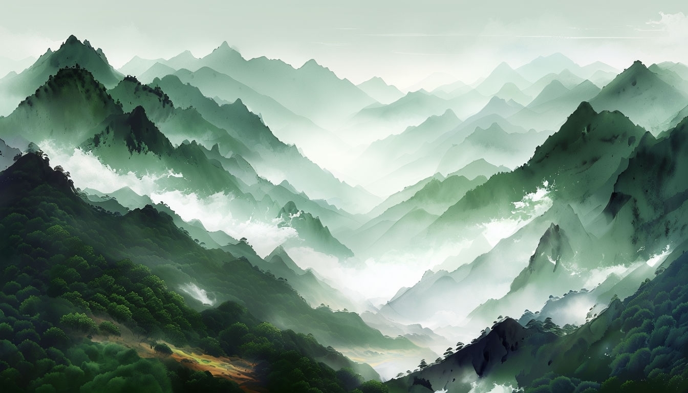 Ethereal Mountain Landscape with Misty Atmosphere Virtual Background