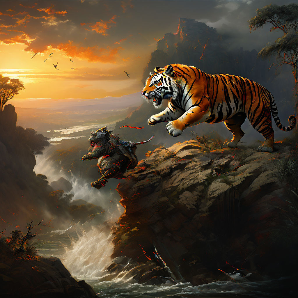 A painting of a tiger and a Rhino fight on a cliff by Shwe Yi Thin ...