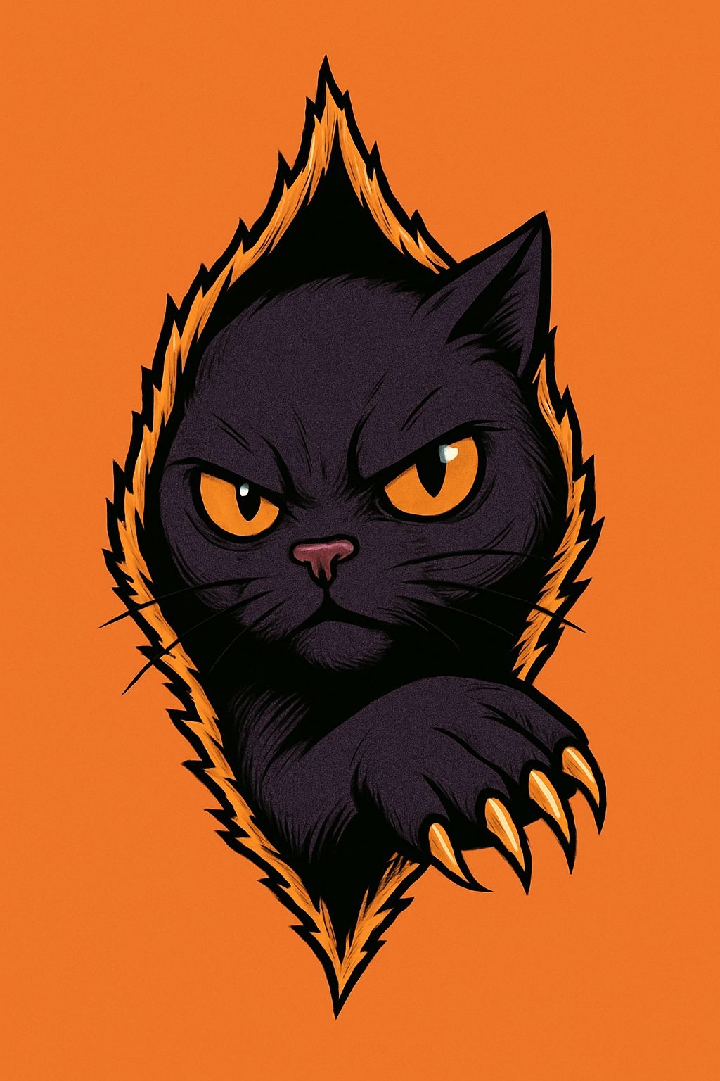 Fierce Black Cat Breaking Through Vibrant Orange Background Poster
