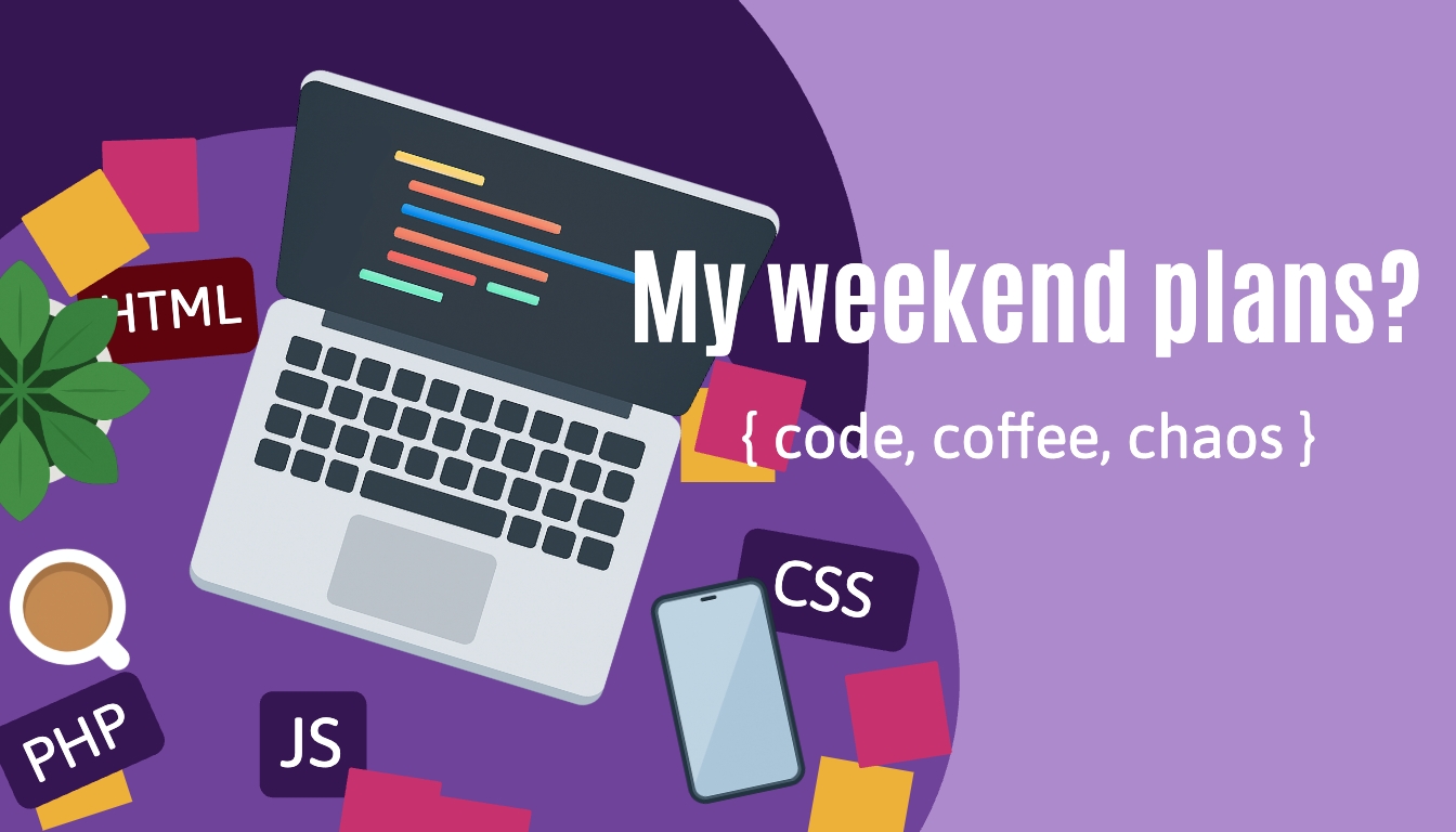Cluttered Workspace with Laptop and Coding Text Banner