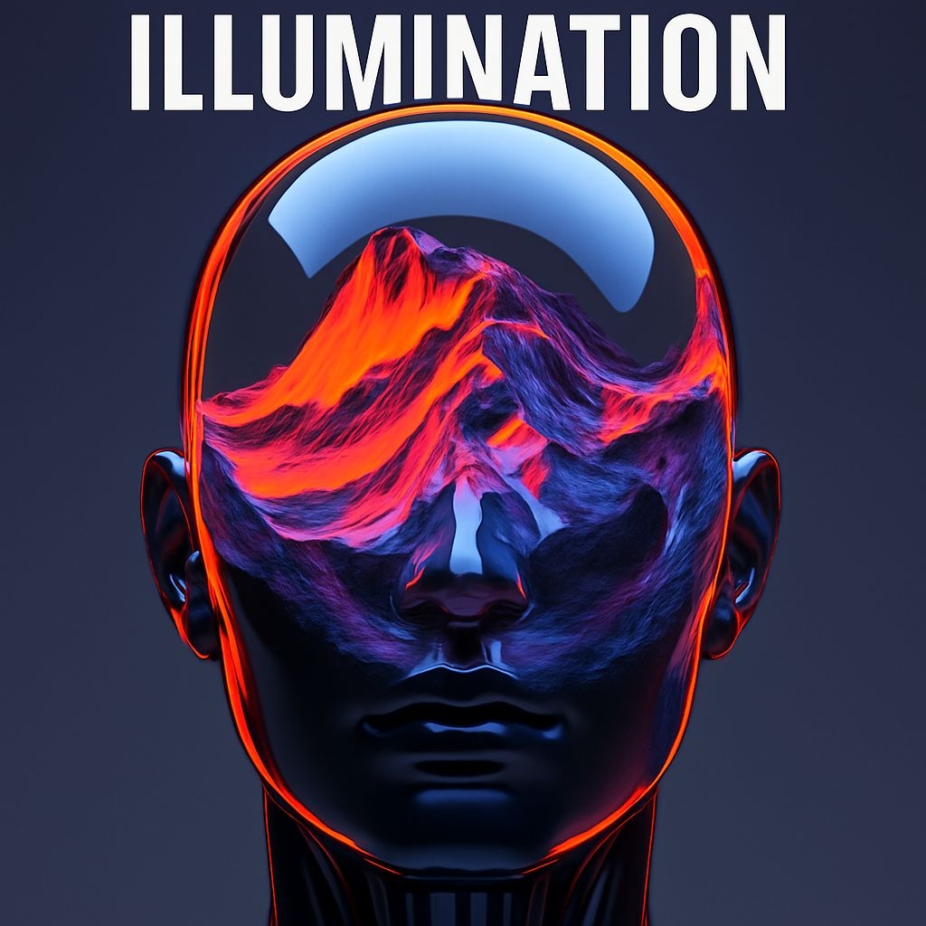 Illuminated Chrome Human Head with Surreal Mountain Landscape Spotify Album Cover