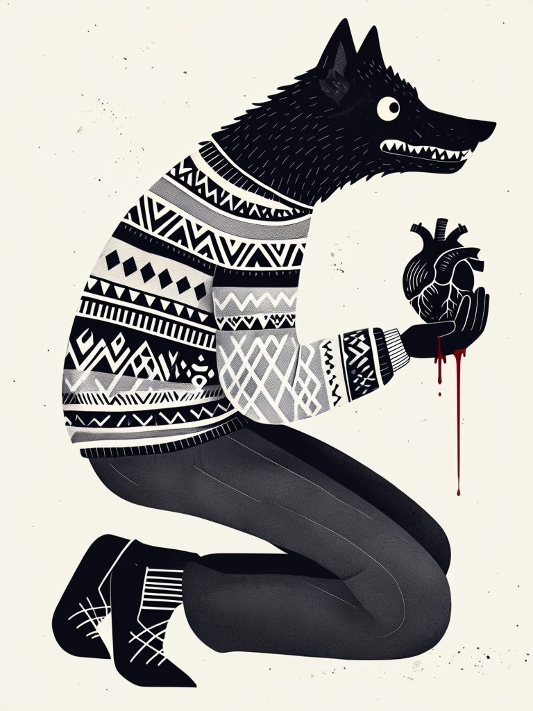 Surreal Anthropomorphic Wolf Character with Anatomical Heart Art