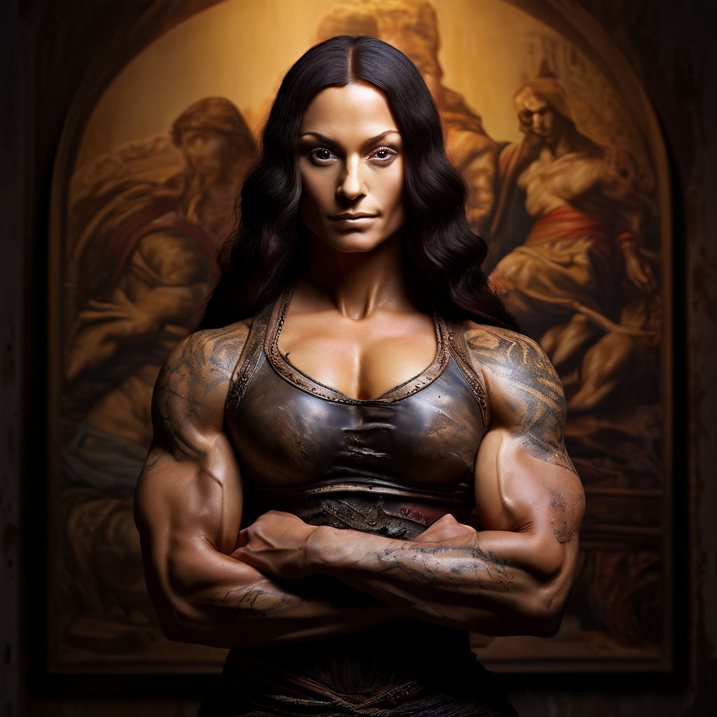 Large Fine Oil Painting of Sacred Kabbalistic Geometry Tattoos on Cyborg  Female Bodybuilders by Artists 