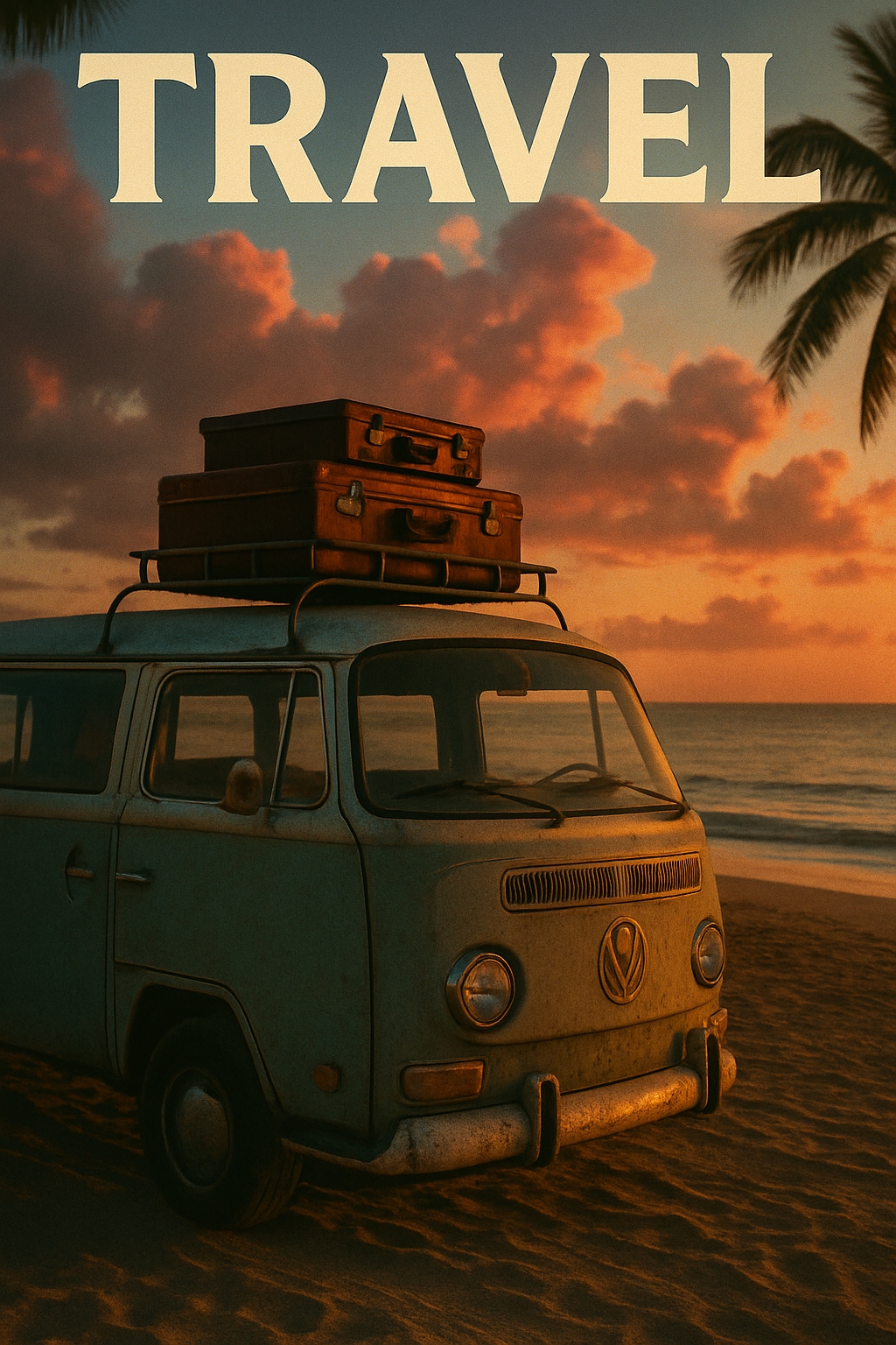Vintage Volkswagen Van Sunset Beach Travel Poster