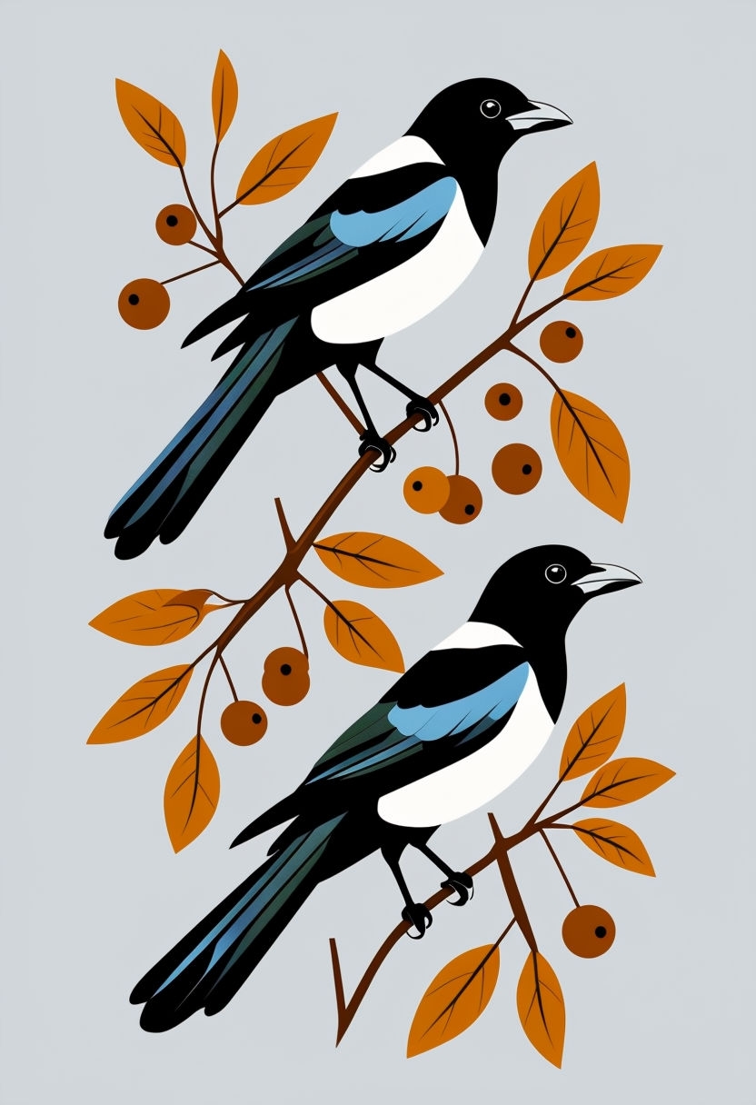 Minimalist Magpies Perched on Branches Illustration Art