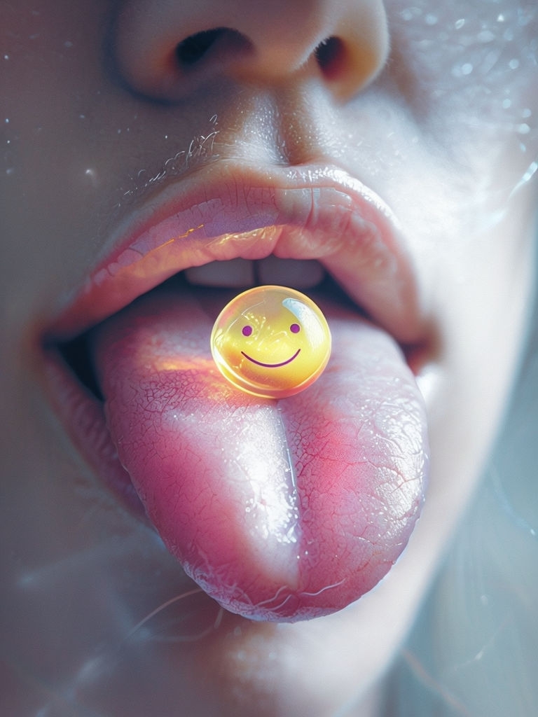 Surreal Close-Up of Woman's Tongue with Dreamlike Yellow Pill Art