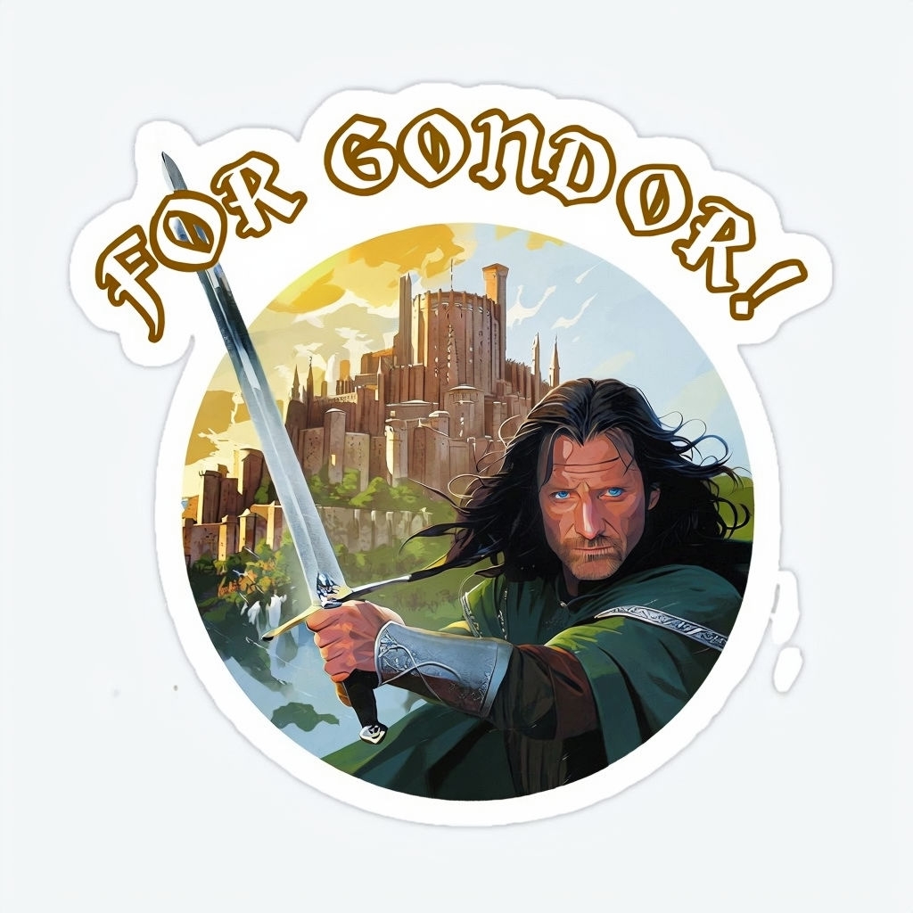 Heroic Aragorn For Gondor Sticker Design with Minas Tirith Background