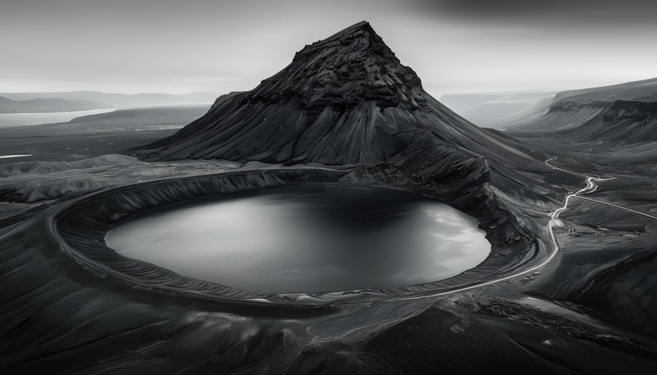 Dramatic Black and White Crater Lake Landscape Virtual Background