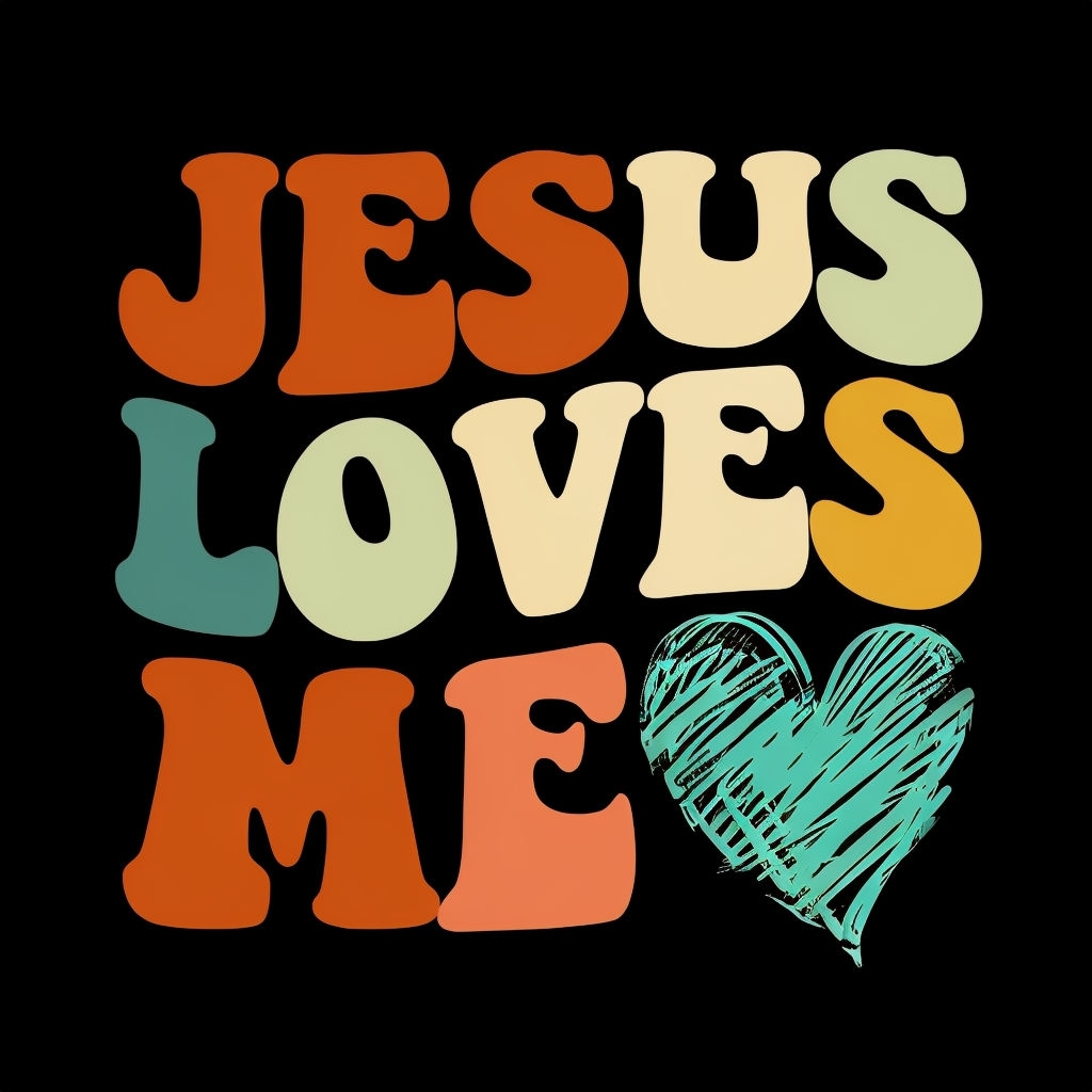Vibrant Jesus Loves Me Illustration with Heart Sticker