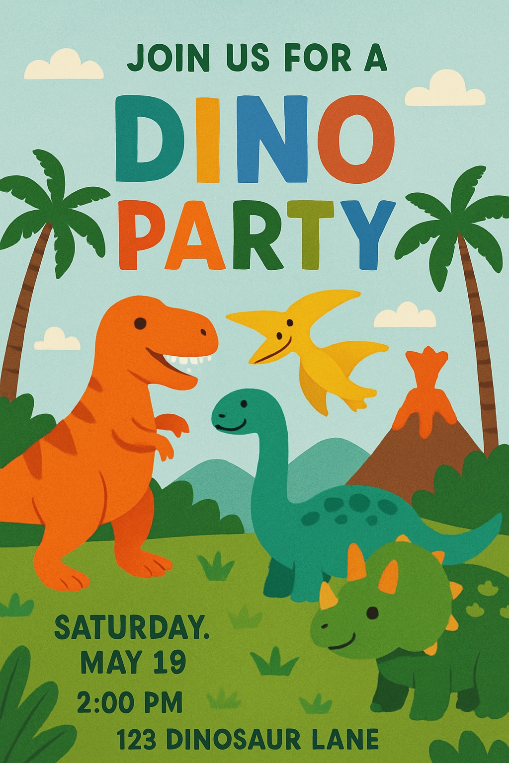 Vibrant Dino Party Invitation Poster for Kids' Celebration Cards & Invites
