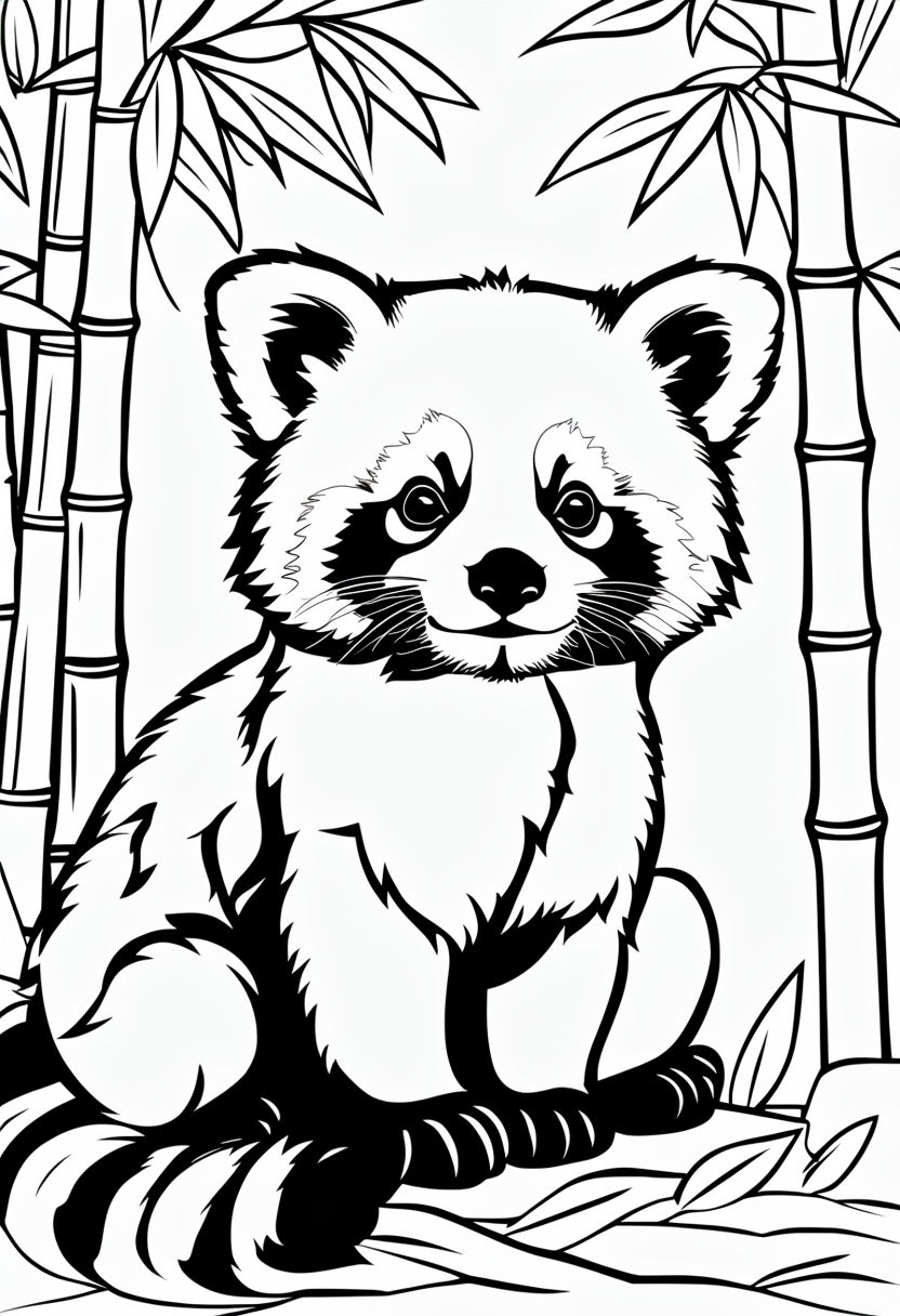 Adorable Red Panda Coloring Page with Bamboo Decorations Coloring Book Pages