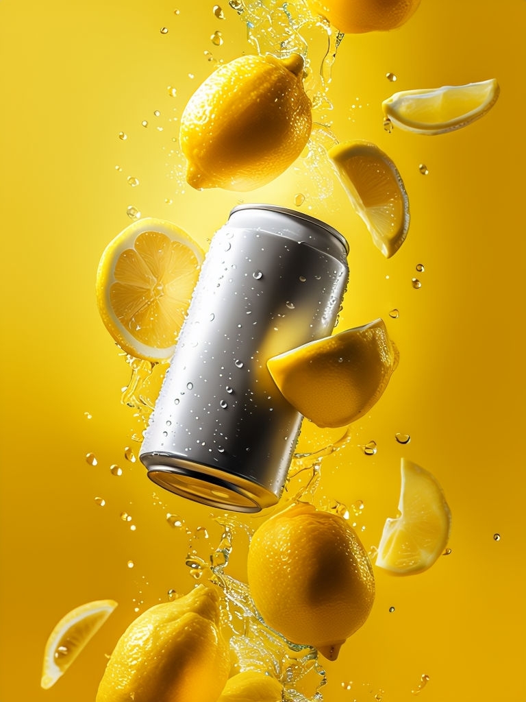 Vibrant Lemon Splash with Refreshing Aluminum Can Mockup
