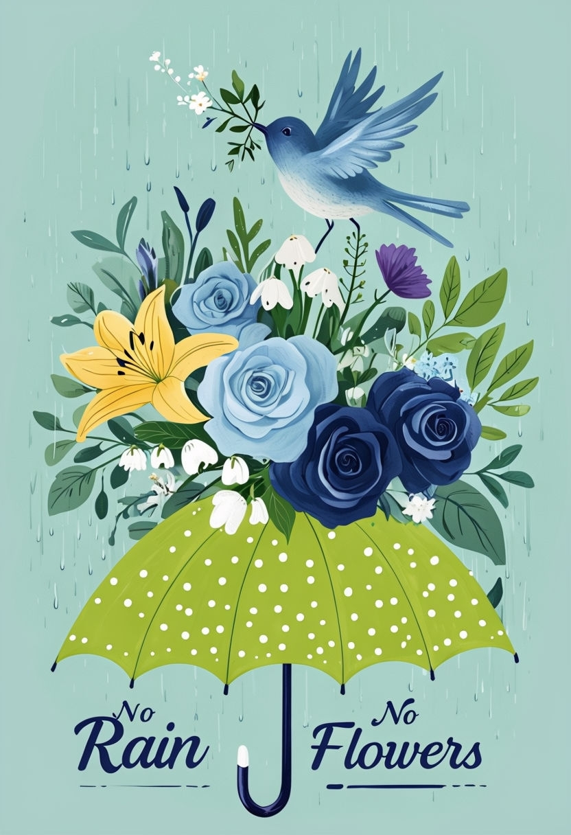 Cheerful Lime Green Umbrella with Flowers and Bird Poster