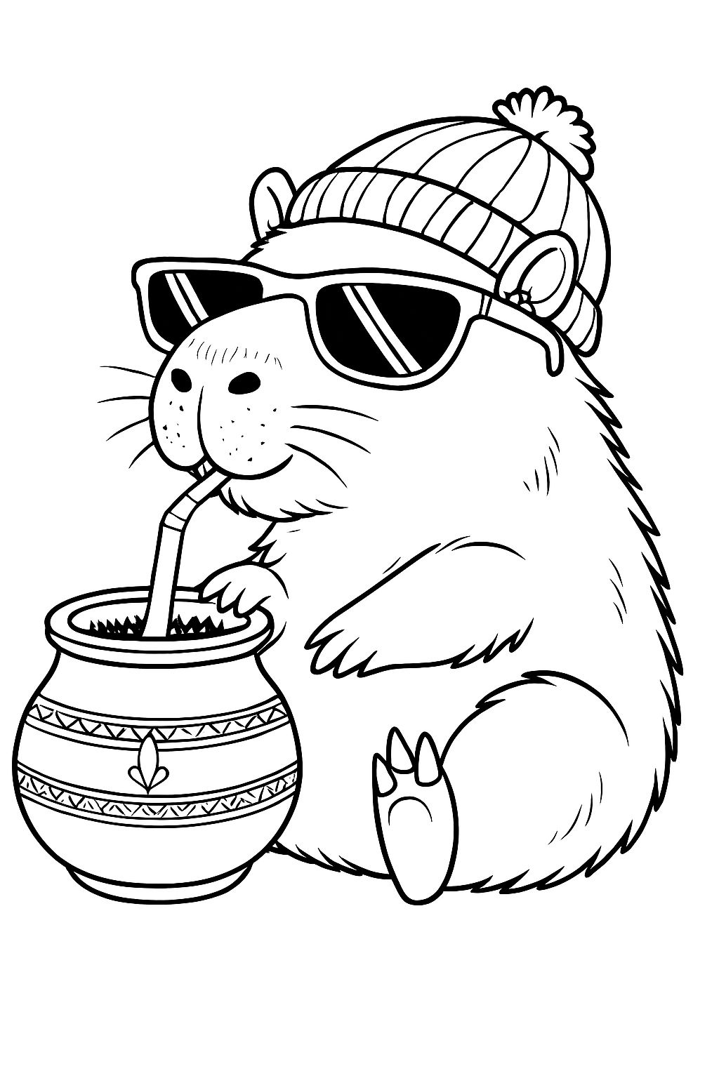Whimsical Capybara with Sunglasses and Beanie Coloring Page