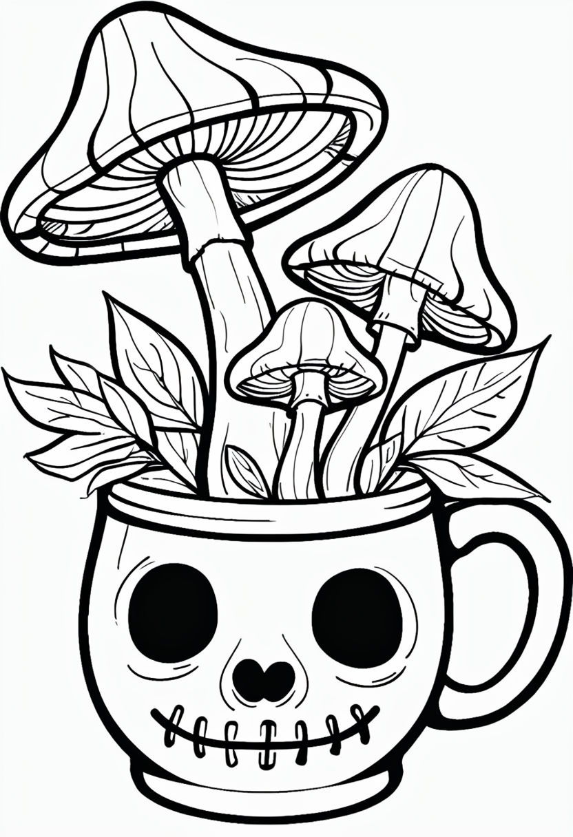 Whimsical Skull Mug and Mushroom Line Drawing Coloring Book Pages