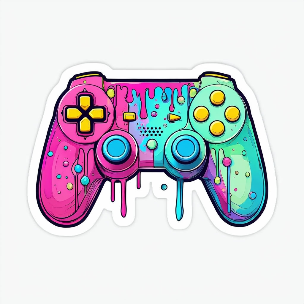 Vibrant Artistic Game Controller Die-Cut Sticker Design