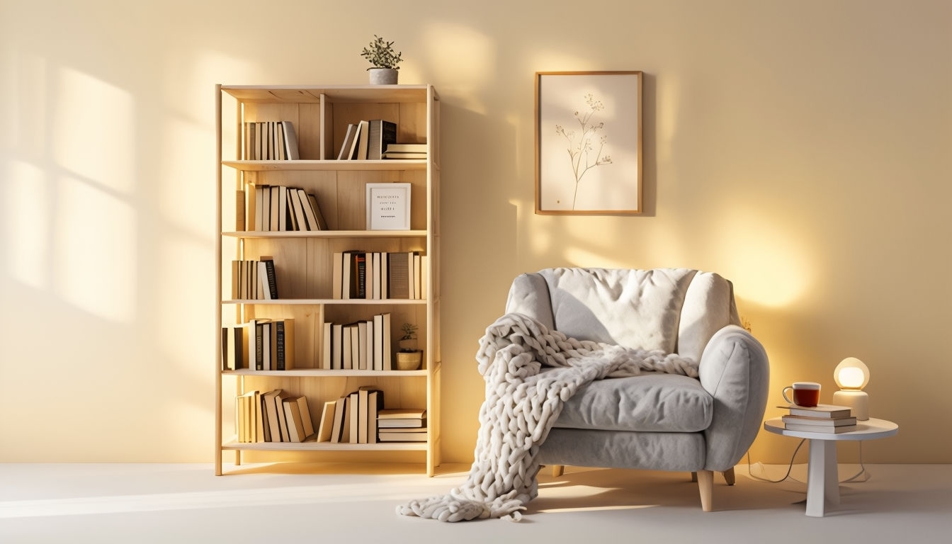 Cozy Reading Nook with Bookshelf and Armchair Virtual Background