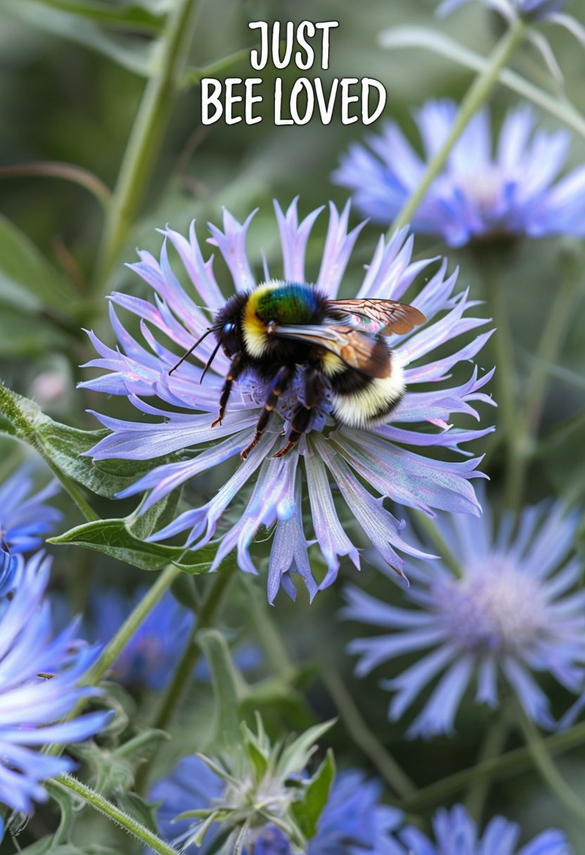 Vibrant Bumblebee on Lavender Flower with Just Bee Loved Text Art