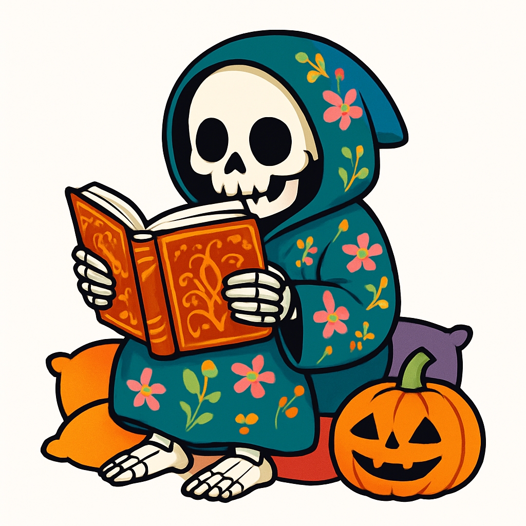 Whimsical Skeleton Reading Book with Colorful Pillows Sticker