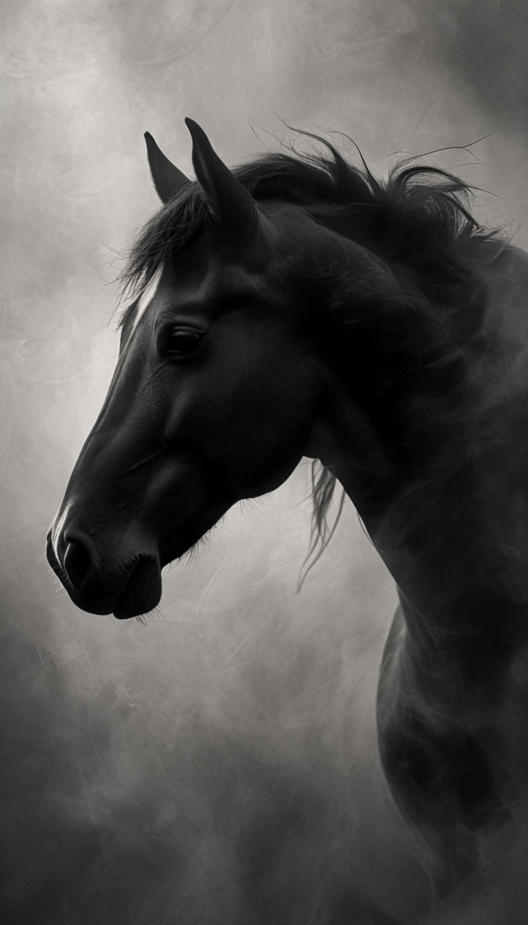Dramatic Monochromatic Horse Portrait in Ethereal Background Mobile Wallpaper