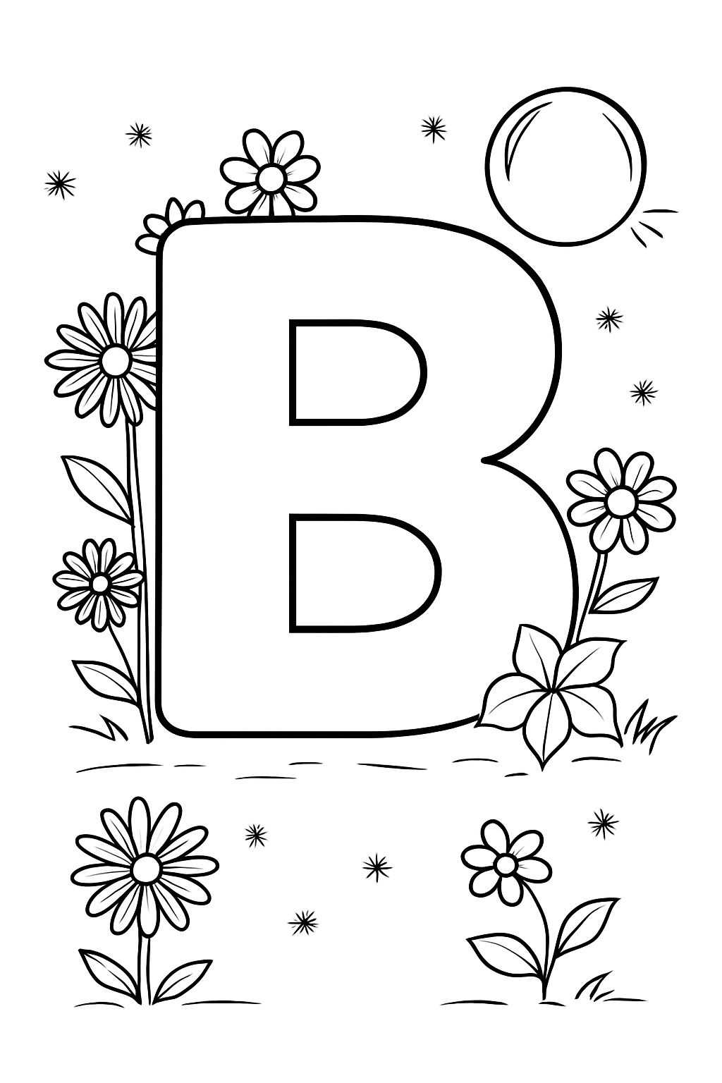 Bold Letter B Surrounded by Flowers and Sun Coloring Page