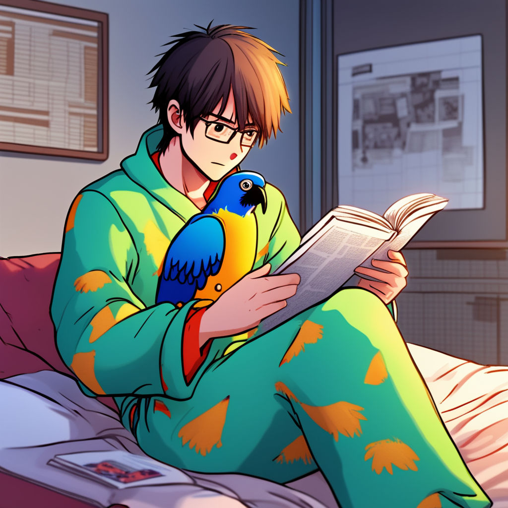 Anime guy wearing a parrot pajama reading a comic by Arjay Doroja ...