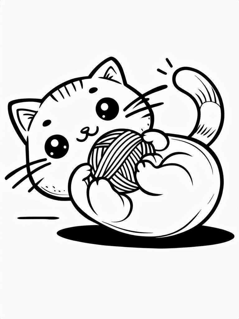 Cute Cartoon Cat with Yarn Ball Coloring Page