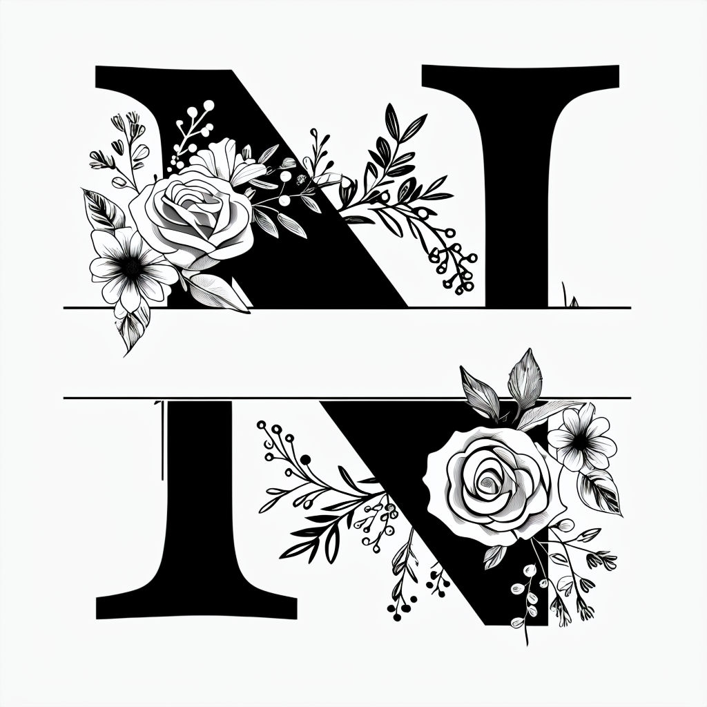 Elegant Black and White Decorative Letter N with Floral Elements Monogram