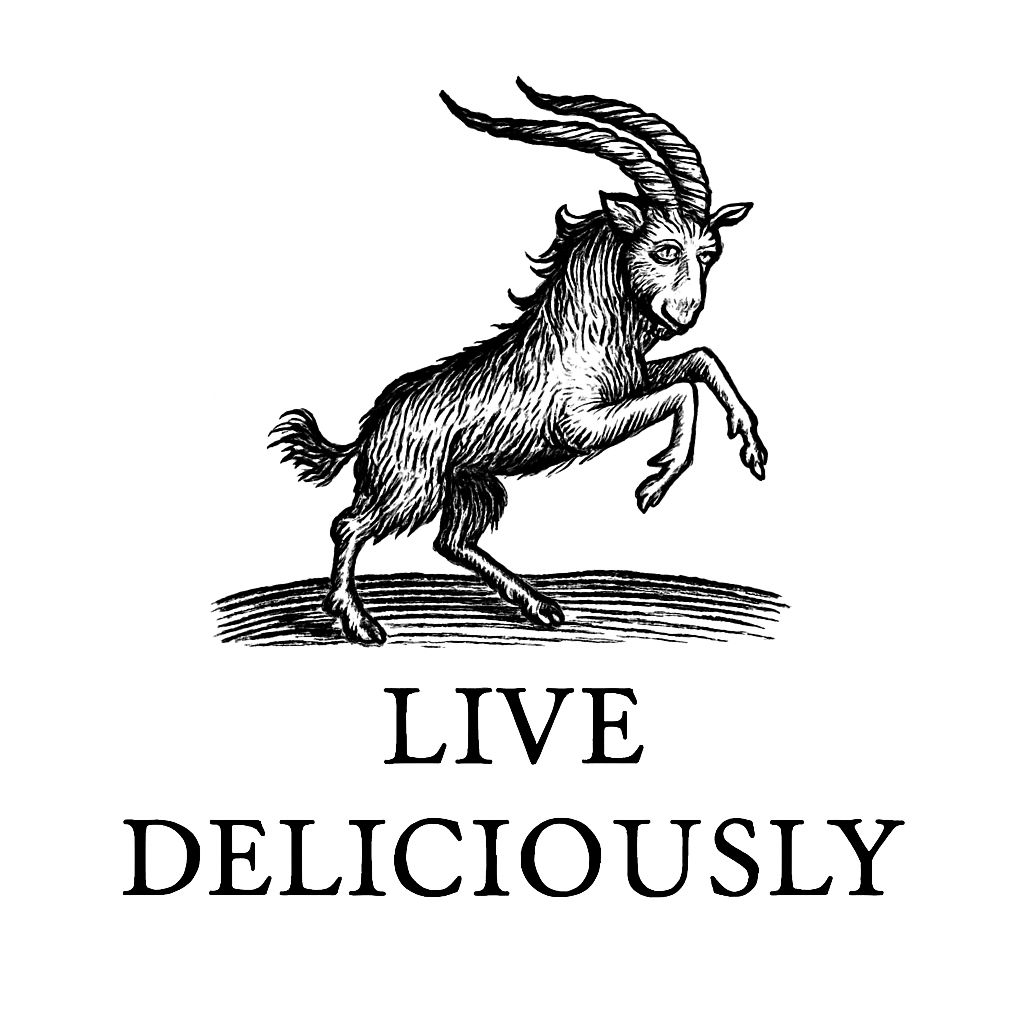 Dynamic Black and White Goat Engraving with Live Deliciously Sticker